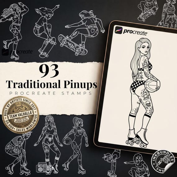 Procreate 93 Traditional Pinup design kit, creative unique tattoo flash reference bundle for artists