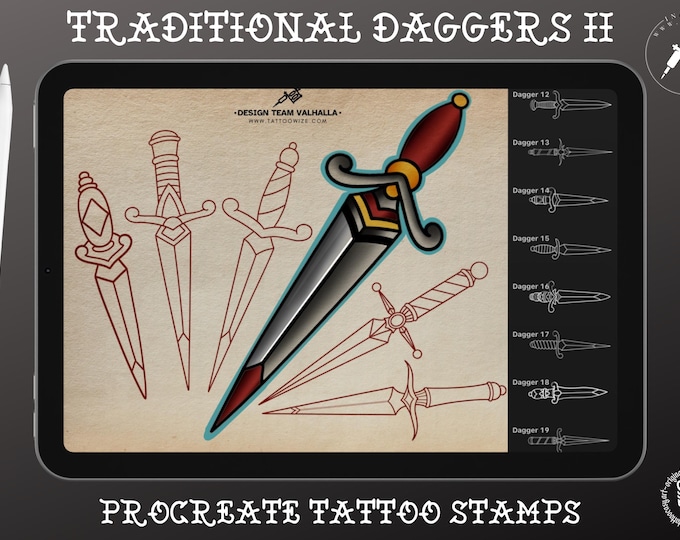 Traditional Daggers vol.2 | 25 daggers – Procreate Stamps | Old School Clipart