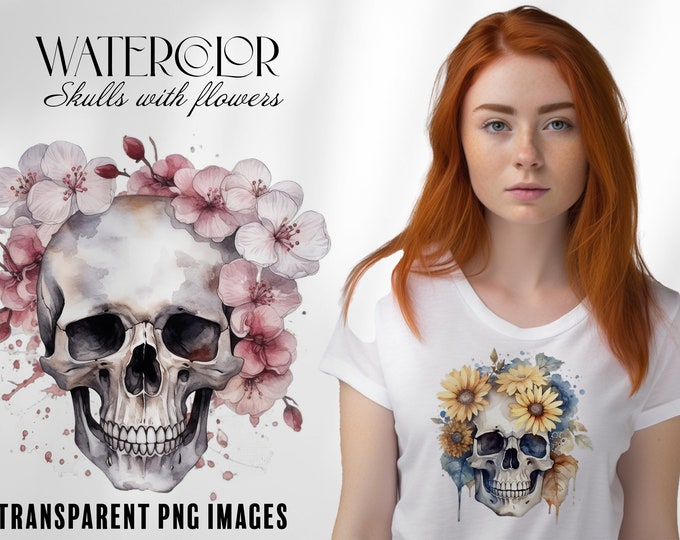 Watercolor skulls with flowers/  100% custom art, transparent png images, pod, sticker art, tshirt design