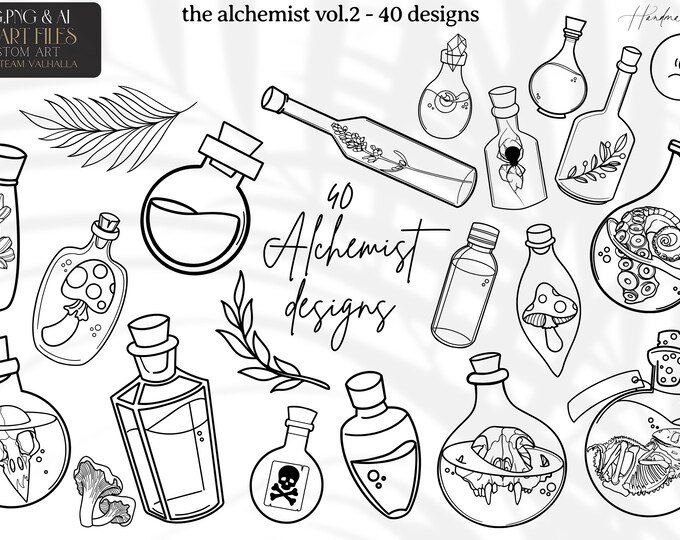 Alchemist vol.2 tattoo clipart / outlined handmade tattoo inspired alchemy design bundle for stickers, prints, cutting. Format AI. SVG. PNG.