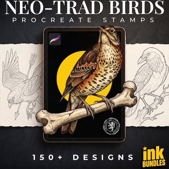 Neo Traditional Birds Tattoo Reference Kit, Procreate Stamps + PNG & PDF, 150+ Original Designs