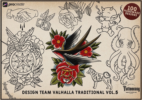 Traditional vol.5, 115+ tattoo ideas, outlined traditional stencils, made in Sweden