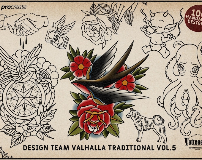 Traditional vol.5, 100 tattoo ideas, outlined traditional stencils, made in Sweden