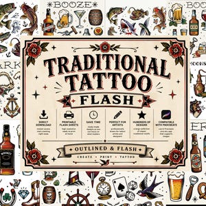 Puede incluir: Una colección digital de diseños de tatuajes tradicionales con diversas ilustraciones que incluyen peces, tiburones, bebidas alcohólicas y símbolos náuticos. El texto central dice TRADITIONAL TATTOO FLASH con iconos de descarga e impresión.