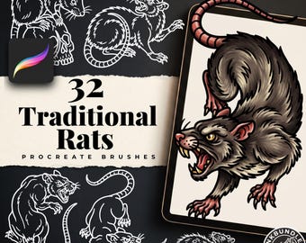 Procreate, Traditional Rats Tattoo flash art , 32 Unique references for Procreate, Outlined tattoo stencil art
