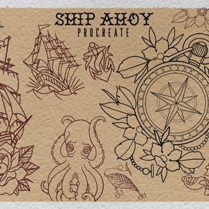 Procreate, Ship Ahoy! 100 tattos, outlined tattoo ideas, hand drawn art