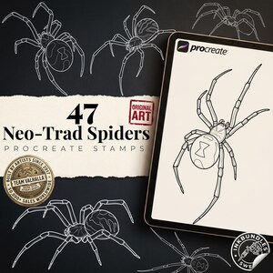 May include: A digital collection of 47 spider illustrations for Procreate, featuring white line art spider designs on a black background. A tablet displays a single spider drawing, with text reading 47 Neo-Trad Spiders Procreate Stamps.