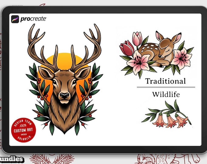 Traditional wildlife Procreate stamps ( digital download ) old school tattoo flash art
