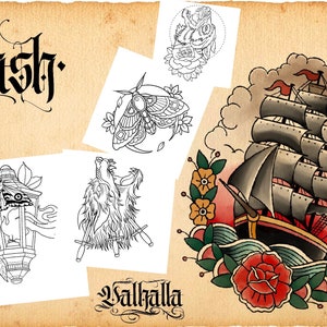 May include: A collection of traditional tattoo flash designs. The designs include a moth in a lantern, a wolf with swords, and a ship sailing on the sea with a rose and flowers.