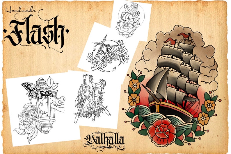 May include: A collection of traditional tattoo flash designs. The designs include a moth in a lantern, a wolf with swords, and a ship sailing on the sea with a rose and flowers.