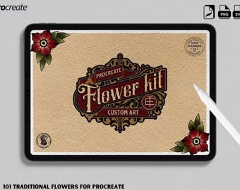 Traditional Tattoo Flower Procreate Stamps: Vintage Flash Art Designs (PNG, SVG, EPS)