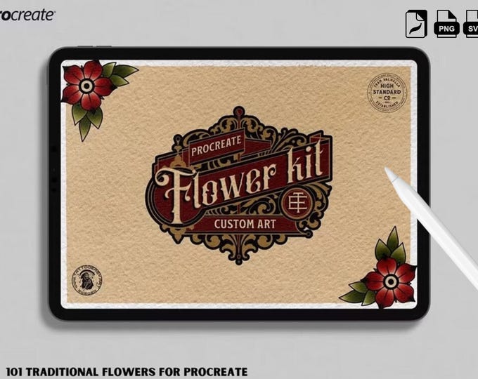 101 Traditional Tattoo Flowers, Procreate Stamps, Brushes & Flash Art, Vintage Old School Flower Clipart, PNG, SVG, EPS Designs