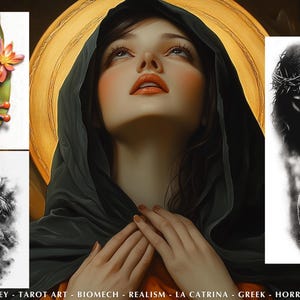 Pu&ograve; includere: Immagine composita con un ritratto centrale di una donna con un'aureola dorata, circondata da illustrazioni pi&ugrave; piccole. Queste includono una rana su una foglia, un soldato e una raffigurazione di Ges&ugrave; con un agnello. Il testo in basso recita: BLACK & GREY - TAROT ART - BIOMECH - REALISM - LA CATRINA - GREEK - HORROR - CHICANO-.