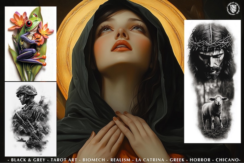 Pu&ograve; includere: Immagine composita con un ritratto centrale di una donna con un'aureola dorata, circondata da illustrazioni pi&ugrave; piccole. Queste includono una rana su una foglia, un soldato e una raffigurazione di Ges&ugrave; con un agnello. Il testo in basso recita: BLACK & GREY - TAROT ART - BIOMECH - REALISM - LA CATRINA - GREEK - HORROR - CHICANO-.