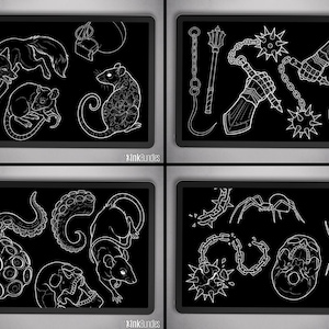 May include: Four black framed images with white line art illustrations. The images feature a variety of designs, including animals, weapons, and gothic elements. The text "inkbundles" is at the bottom of each image.