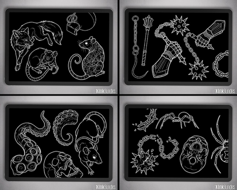 May include: Four black framed images with white line art illustrations. The images feature a variety of designs, including animals, weapons, and gothic elements. The text "inkbundles" is at the bottom of each image.