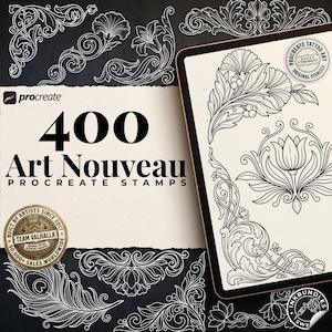 Könnte beinhalten: Eine digitale Sammlung von 400 Art Nouveau Procreate-Stempeln mit komplexen schwarz-weißen Blumen- und Schnörkelmustern. Das Set enthält verschiedene dekorative Motive, Eckelemente und botanische Illustrationen auf einem Tablet-Bildschirm.