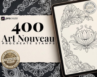 May include: A digital collection of 400 Art Nouveau Procreate stamps featuring intricate black and white floral and scrollwork designs. The set includes various decorative motifs, corner elements, and botanical illustrations displayed on a tablet screen.