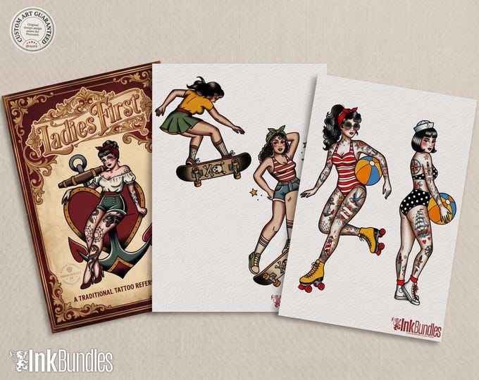 Traditional Pinup design kit, creative unique tattoo flash reference bundle for artists