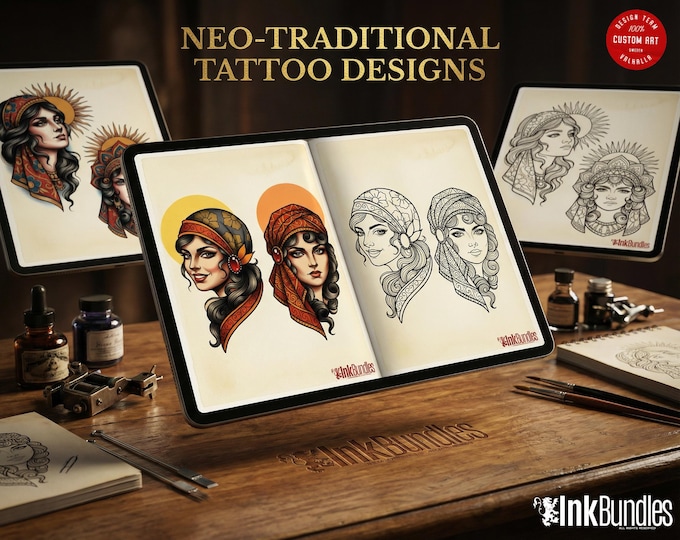 600+ Neo-Traditional Tattoo stencils, Neo-traditional flash Procreate, Pdf & PNG files - Digital download