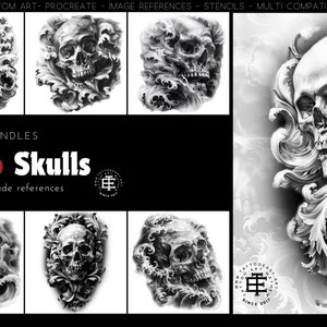 Peut inclure: Un ensemble de six illustrations numériques en noir et blanc de crânes avec des détails complexes. Les crânes sont entourés de motifs floraux ornés et de motifs tourbillonnants. Le texte "Tattoo Skulls" et "100+ références personnalisées" est visible en bas de l'image.