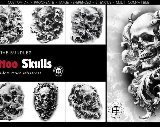 Black & grey vol.3, stencil ready, Tattoo Skull ideas, procreate, pdf and png files, custom made references - digital download