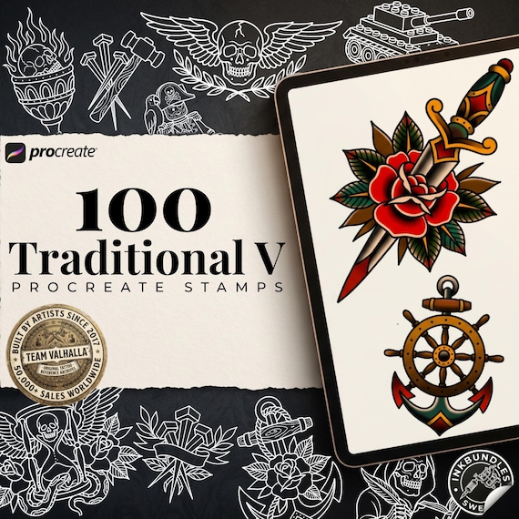 Procreate Traditional Tattoos vol.5, 100 Original designs, Custom stencils for Procreate, Old school stamp brushes, digital download