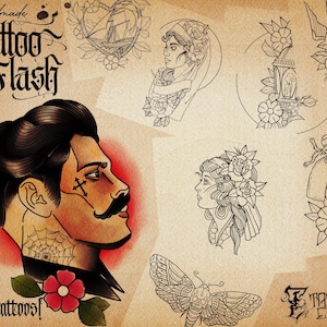 May include: A collection of 200 handmade tattoo flash designs. The designs include a man with a moustache and a spiderweb tattoo, a woman with flowers in her hair, a moth with a skull, a bottle with a skull, a lantern, and a bird.