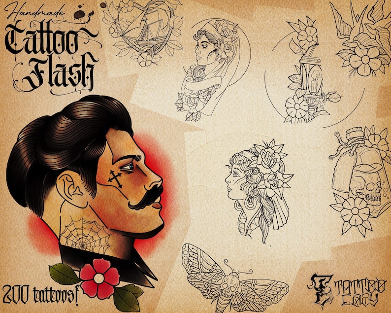 May include: A collection of 200 handmade tattoo flash designs. The designs include a man with a moustache and a spiderweb tattoo, a woman with flowers in her hair, a moth with a skull, a bottle with a skull, a lantern, and a bird.
