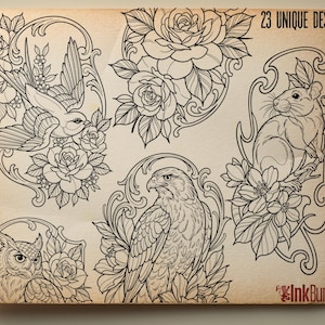 May include: A collection of 23 unique black and white line art tattoo designs on a tan background. The illustrations feature a flying bird, a rose bouquet, a mouse, an owl, and a hawk, all framed by floral elements and ornate borders. The text 23 UNIQUE DESIGNS and InkBundles are visible.