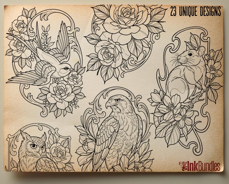 May include: A collection of 23 unique black and white line art tattoo designs on a tan background. The illustrations feature a flying bird, a rose bouquet, a mouse, an owl, and a hawk, all framed by floral elements and ornate borders. The text 23 UNIQUE DESIGNS and InkBundles are visible.
