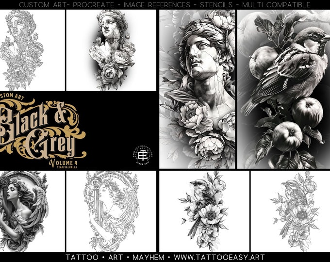 Black & grey vol.4 100+ custom made designs with ready to use stencils - digital download, Procreate + .png (compatible with most apps)