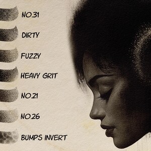 May include: A close-up of a woman's face with a dark background. The image shows a variety of brush strokes and textures, labeled with names like "Dirty", "Fuzzy", and "Heavy Grit".