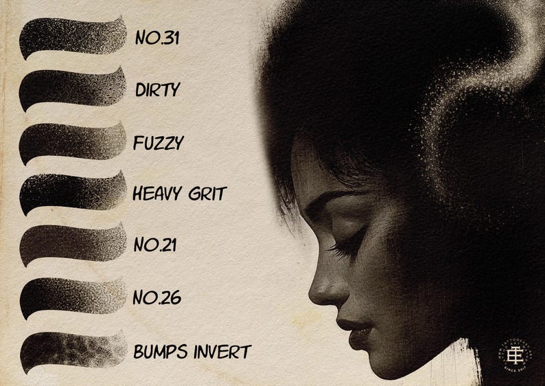 May include: A close-up of a woman's face with a dark background. The image shows a variety of brush strokes and textures, labeled with names like "Dirty", "Fuzzy", and "Heavy Grit".