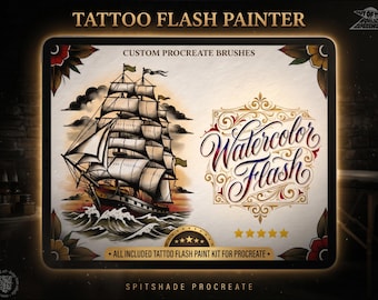 Procreate Watercolor Brush Set: Tattoo Flash Painter + Canvas Studio, Realistic spitshade, Original brushes