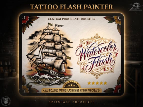 Procreate Watercolor Brush Set: Tattoo Flash Painter + Canvas Studio, Realistic spitshade, Original brushes