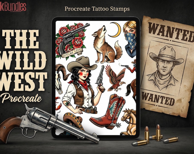 Traditional Wild Western Tattoo Design kit - Procreate & PNG | 200+ Classic Cowboy Tattoos