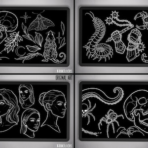 May include: Four black framed art prints with white line drawings. The prints feature a skull, moth, rat, and other elements. Another print shows a centipede, hand holding a flail, and scorpion. The third print shows female faces. The last print shows spiders and a skull.
