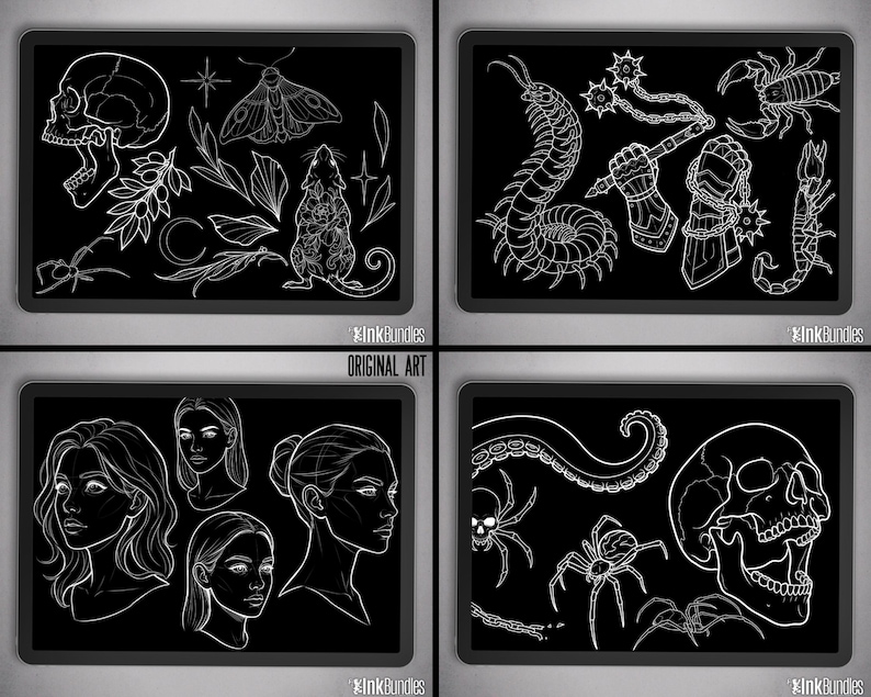 May include: Four black framed art prints with white line drawings. The prints feature a skull, moth, rat, and other elements. Another print shows a centipede, hand holding a flail, and scorpion. The third print shows female faces. The last print shows spiders and a skull.