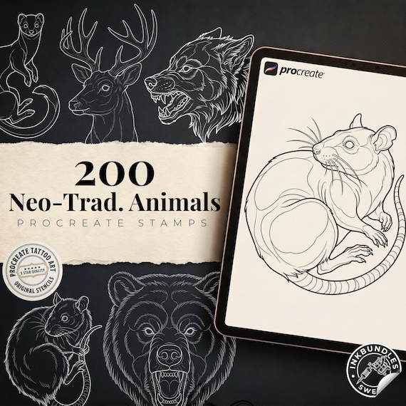 Procreate Neo Traditional Animal Tattoo Design Reference Kit,  Brushset & PNG, original stencils