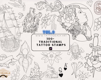 Traditional vol.9 - 100+ tattos drawn by hand, Procreate traditional tattoo stamp brushes!