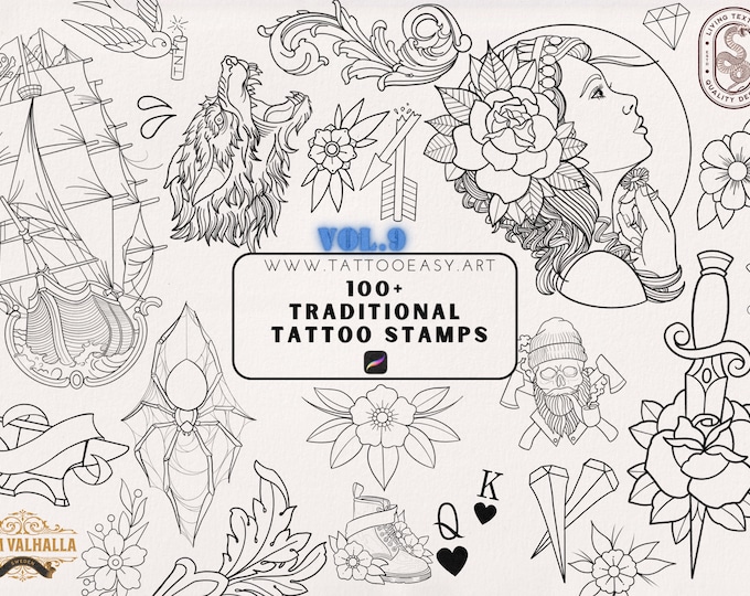 Traditional vol.9 - 100+ tattos drawn by hand, Procreate traditional tattoo stamp brushes!