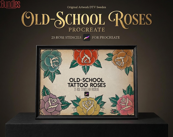 Traditional Tattoo Roses, 25 custom Procreate Stamps, artists reference library