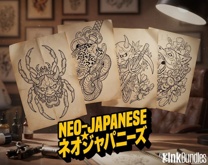 Neo Traditional Japanese Tattoo Reference Kit vol.2 / Procreate Stamps + PNG, Silverfang, Oni demons, stencils
