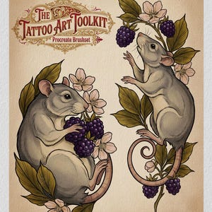 May include: Illustration of two gray rats with pink tails, surrounded by green leaves, pink flowers, and purple berries. The text "The Tattoo Art Toolkit Procreate Brushset" is at the top. The InkBundles logo is at the bottom.