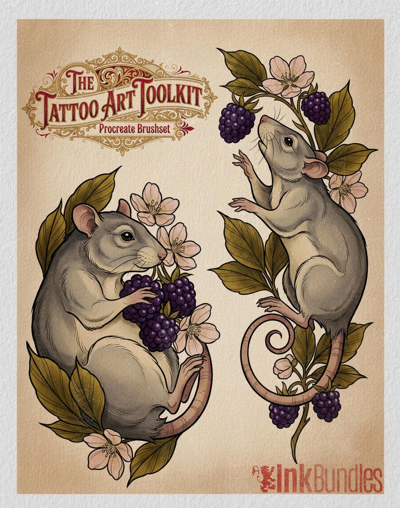 May include: Illustration of two gray rats with pink tails, surrounded by green leaves, pink flowers, and purple berries. The text "The Tattoo Art Toolkit Procreate Brushset" is at the top. The InkBundles logo is at the bottom.