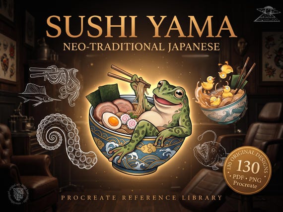 Procreate Sushi-Yama Reference Bundle, Custom design kit, Neo-Traditional Tattoo Flash Art