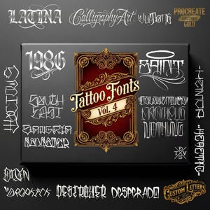 Puede incluir: Una caja negra con varias fuentes de tatuaje en blanco, incluyendo "LATINA", "1986" y "SAINT". El elemento central es un emblema rojo y dorado con "Tattoo Fonts Vol. 4". También se incluye el texto "PROCREATE BRUSHES GOLD".