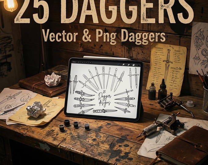 Dagger Tattoo Clipart, Outlined Dagger Designs (AI, SVG, PNG)