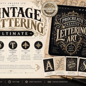 Könnte beinhalten: Ein digitales Design-Paket mit dem Titel Vintage Lettering Ultimate, das über 1400 Procreate-Stempel und Pinsel enthält. Das Set umfasst ein Tablet mit verzierter Schriftkunst, einen Eingabestift, ein Tintenfass und gedruckte Karten mit dekorativer Typografie, Schnörkeln und Schriftelementen in Schwarz-, Gold- und Cremetönen.